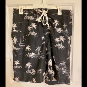 2 Swim Trunks Merona Black Print and 20” Old Navy Teal & Black Floral Medium